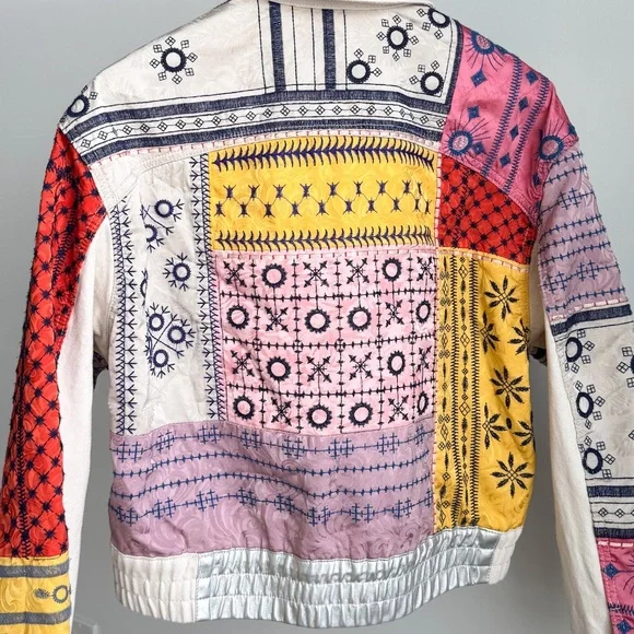 Desigual Julie Patchwork Embroidered Jacket Metallic Boho M Cream Artwear - Picture 7 of 7